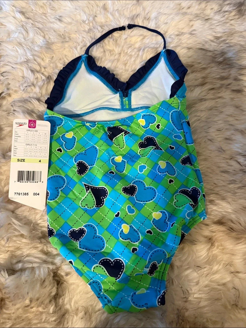 New Speedo Girls Blue & Green Heart-Print One-Piece Swimsuit 4 bathing suit pool